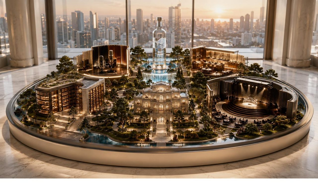 An interactive architectural model of the universe ; a circular platform holding the six worlds.