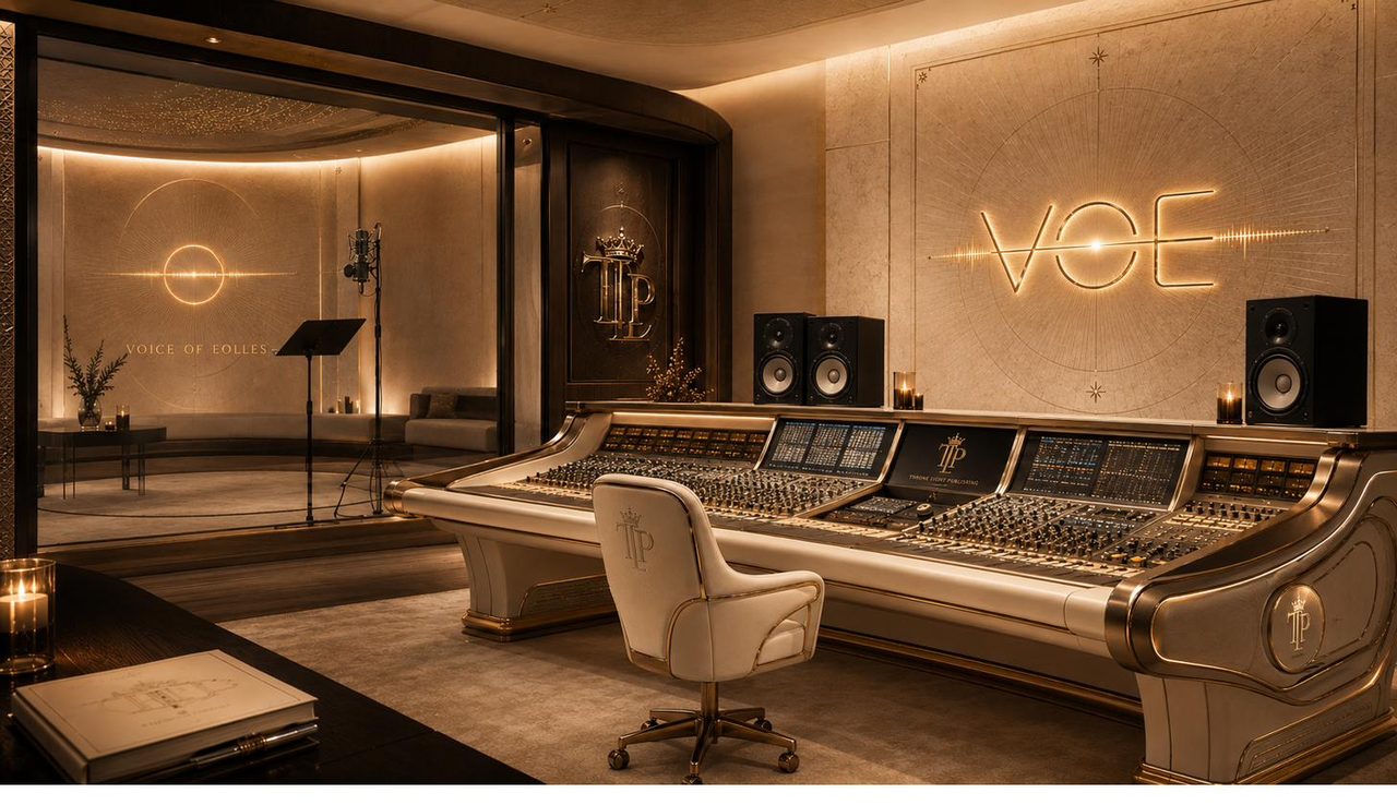 A recording studio with a mixing console.