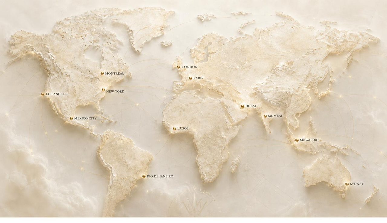 A gold-traced world map marking the cities of the Throne Light Universe.
