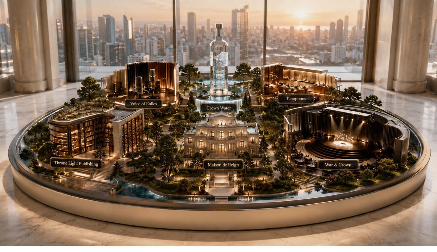 An illuminated architectural model of the Throne Light Universe above a city at golden hour, with its six worlds labelled ; Throne Light Publishing, Voice of Eolles, Crown Water, Tchoppons, Maison de Reign, and War & Crown.
