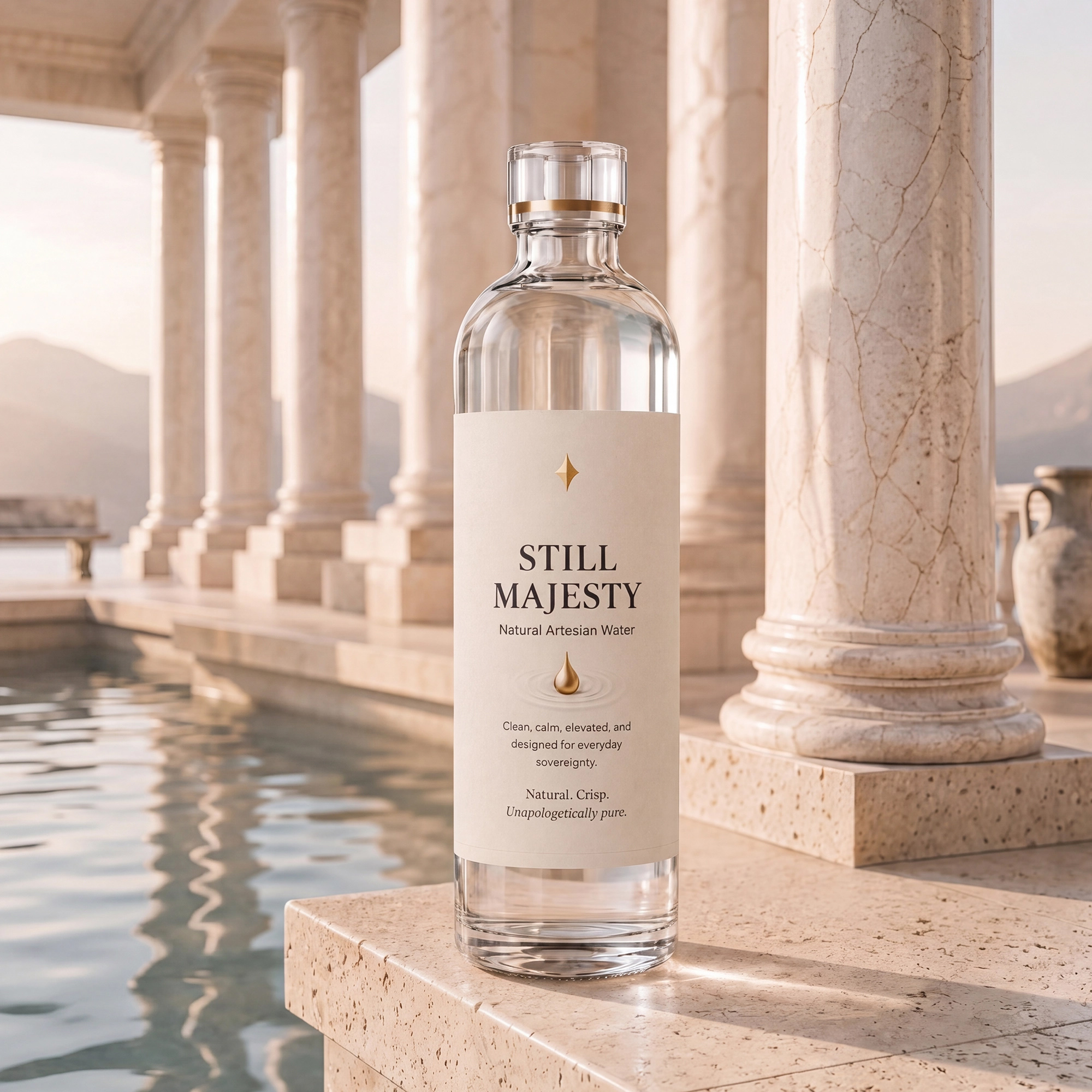 A bottle of Crown Water beside still water.